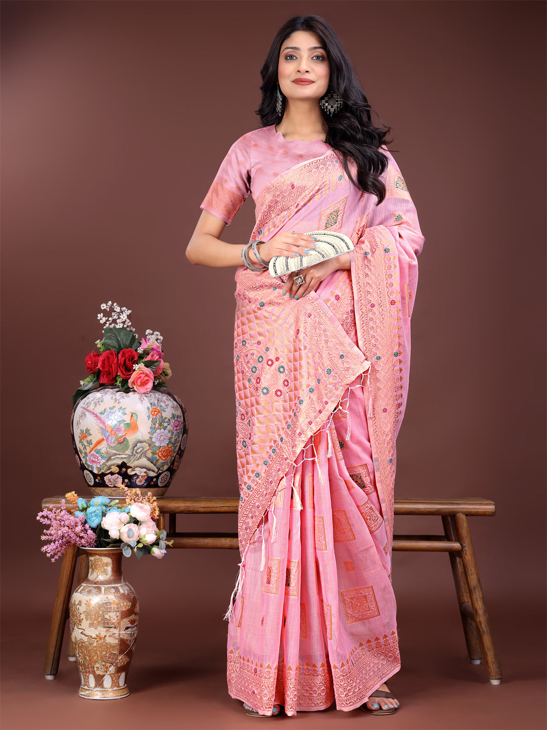 Light Pink Colour Linen Cotton Printed Work Saree With Blouse Piece