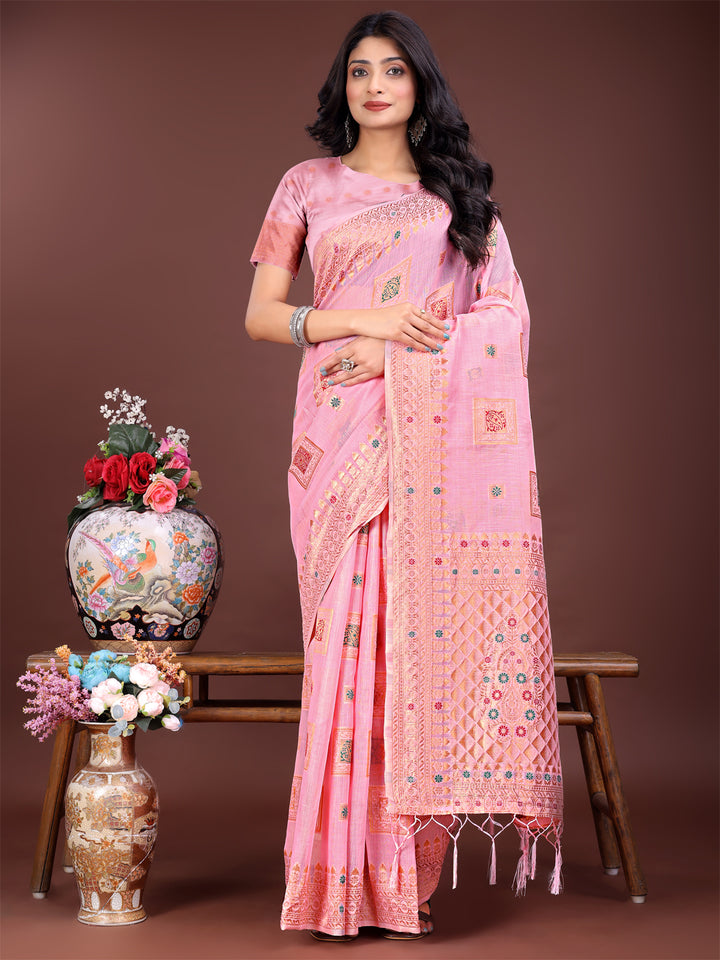 Light Pink Colour Linen Cotton Printed Work Saree With Blouse Piece