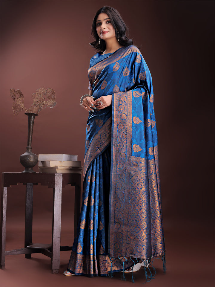 Blue Colour Silk Saree Weaving Work With Blouse Piece