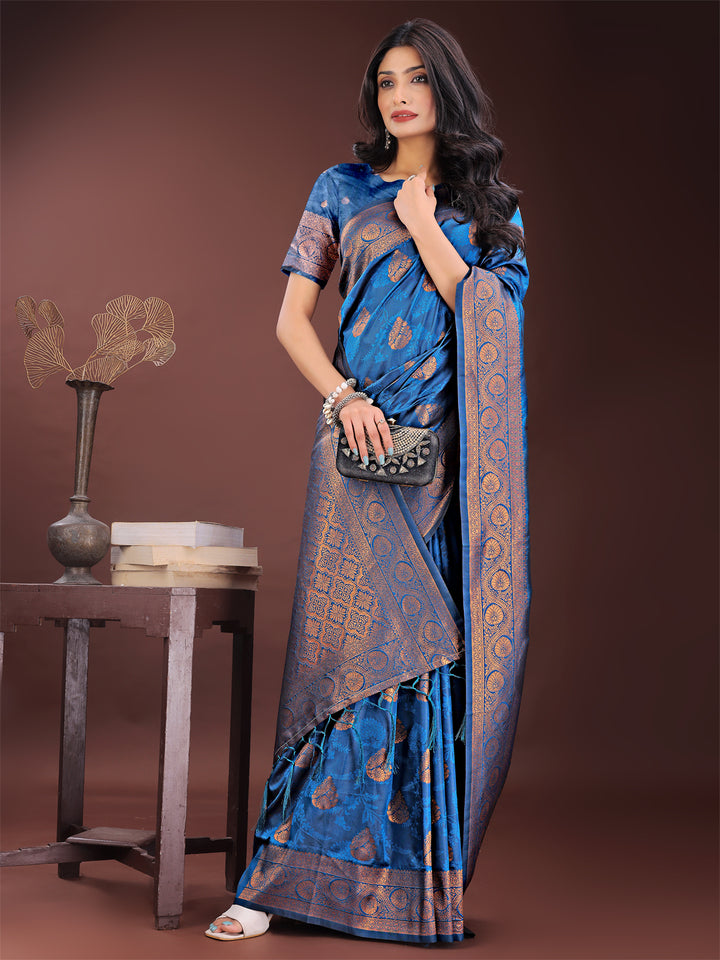 Blue Colour Silk Saree Weaving Work With Blouse Piece