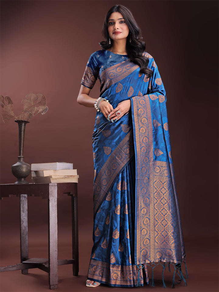 Blue Colour Silk Saree Weaving Work With Blouse Piece