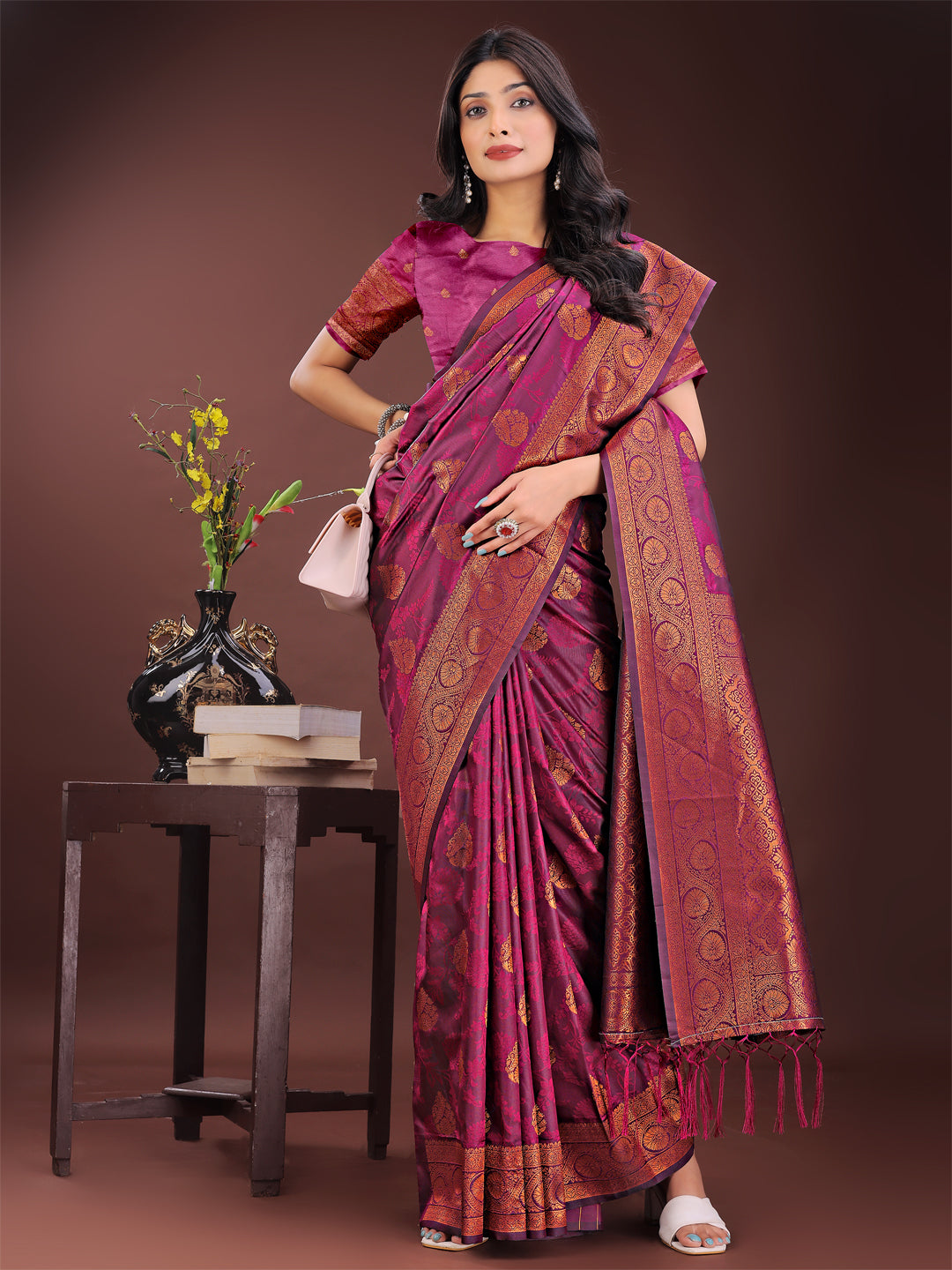 Purple Colour Silk Saree Weaving Work With Blouse Piece