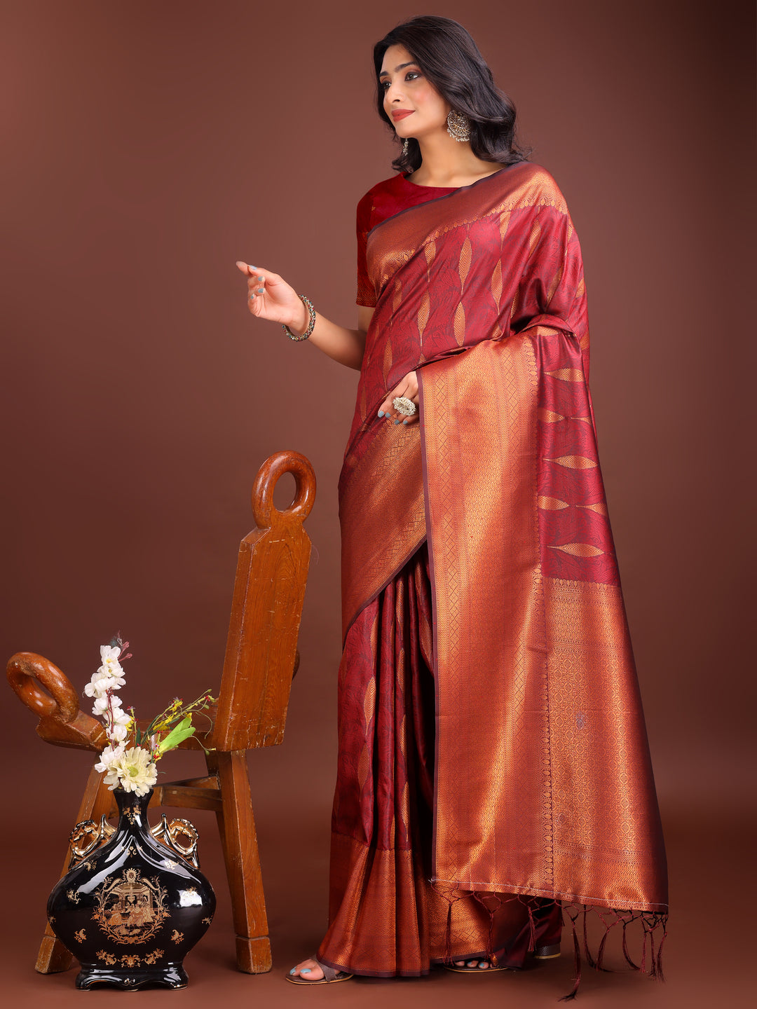 Maroon Colour Banarasi silk Saree Weaving Work With Blouse Piece