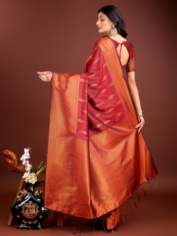 Maroon Colour Banarasi silk Saree Weaving Work With Blouse Piece