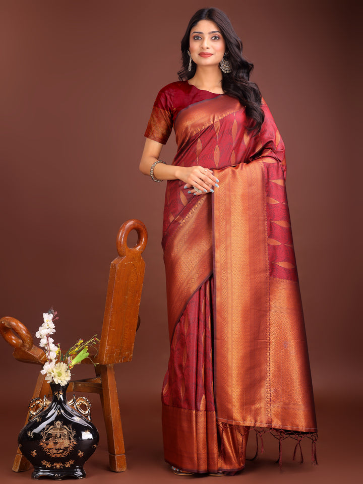 Maroon Colour Banarasi silk Saree Weaving Work With Blouse Piece