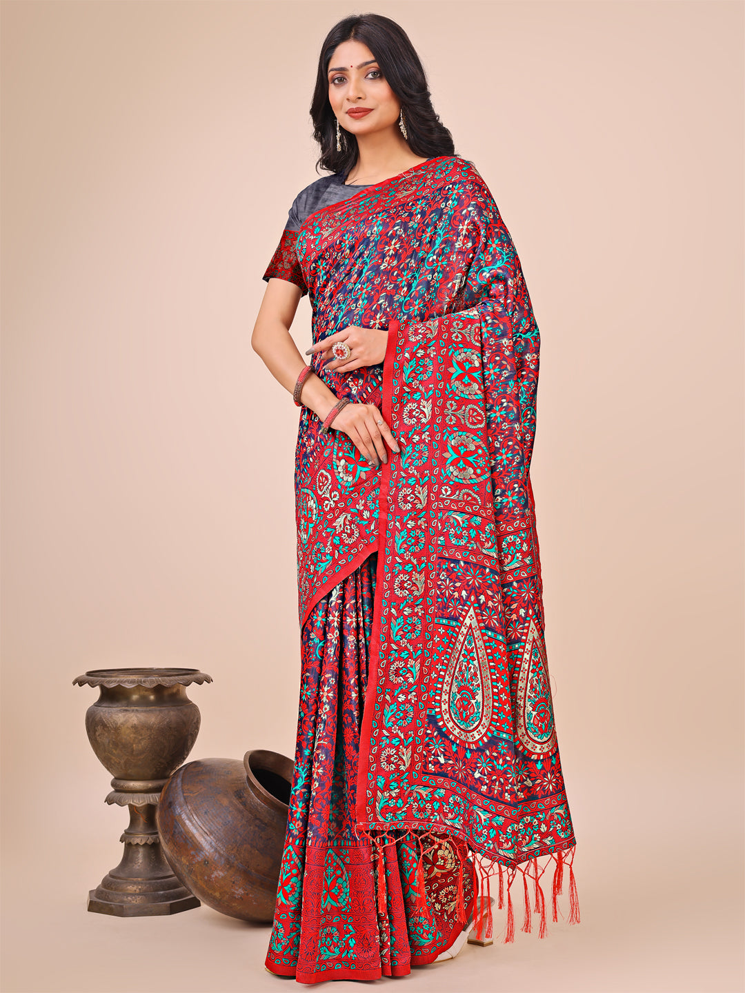 Pink Colour Cotton Saree Printed work With Blouse Piece