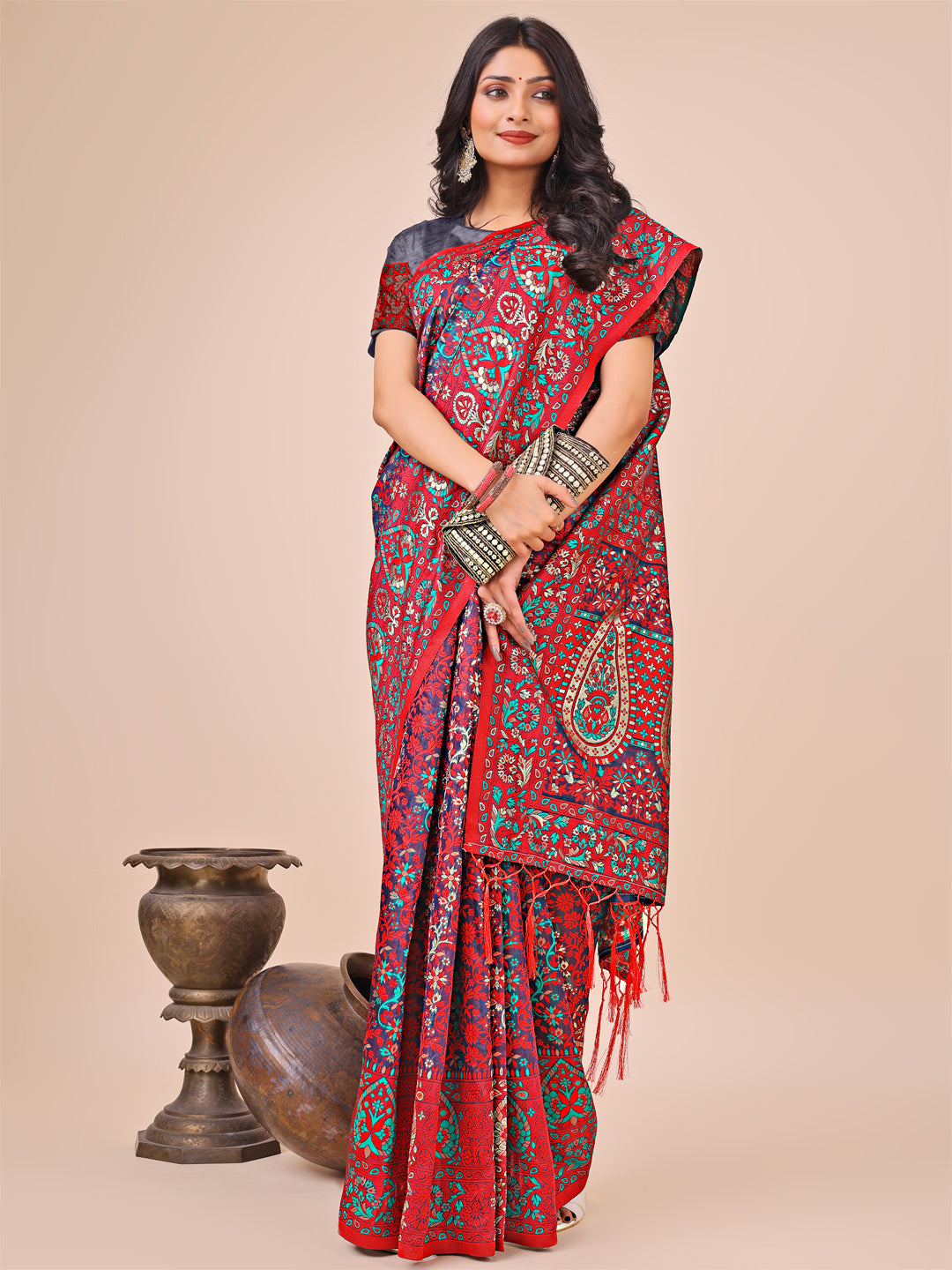 Pink Colour Cotton Saree Printed work With Blouse Piece