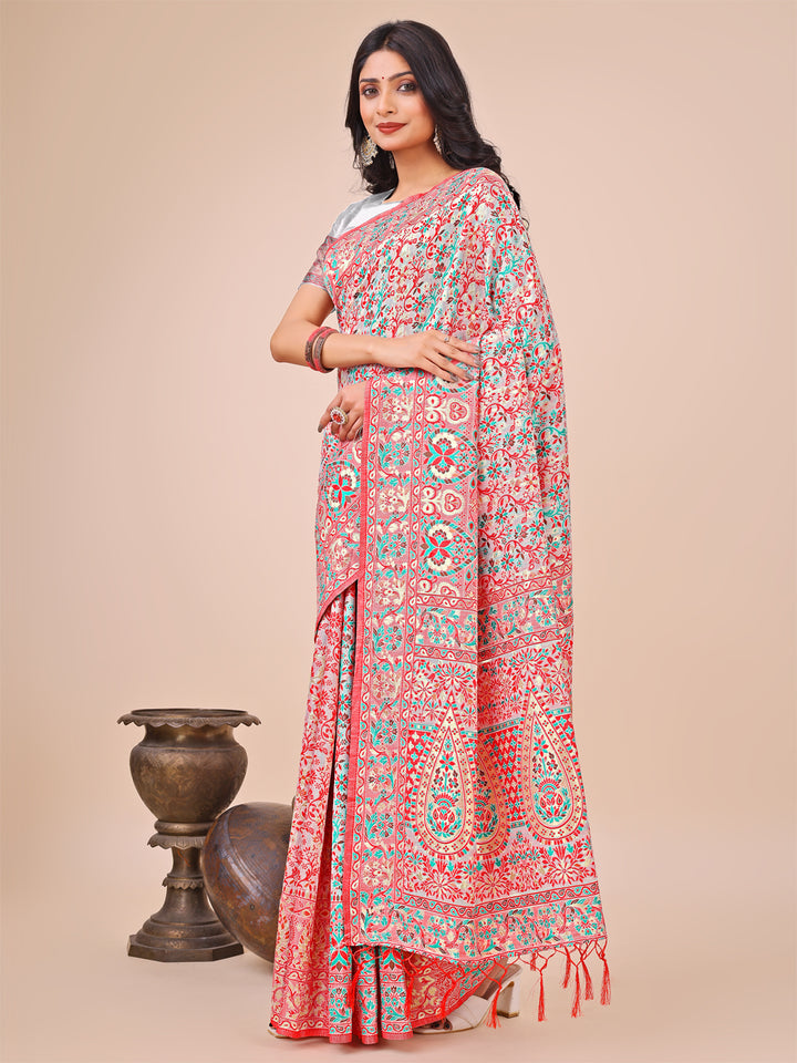 White Colour Cotton Saree Printed work With Blouse Piece