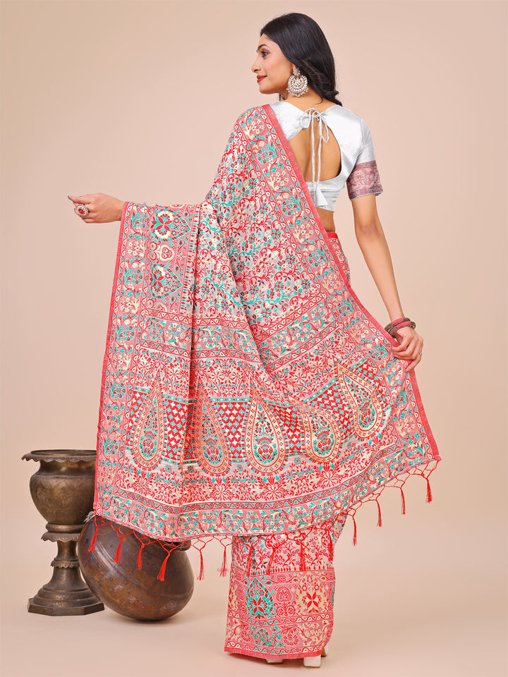 White Colour Cotton Saree Printed work With Blouse Piece