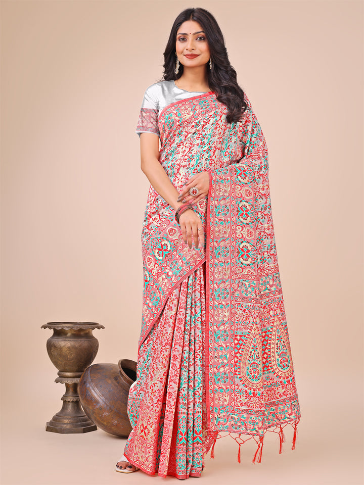 White Colour Cotton Saree Printed work With Blouse Piece