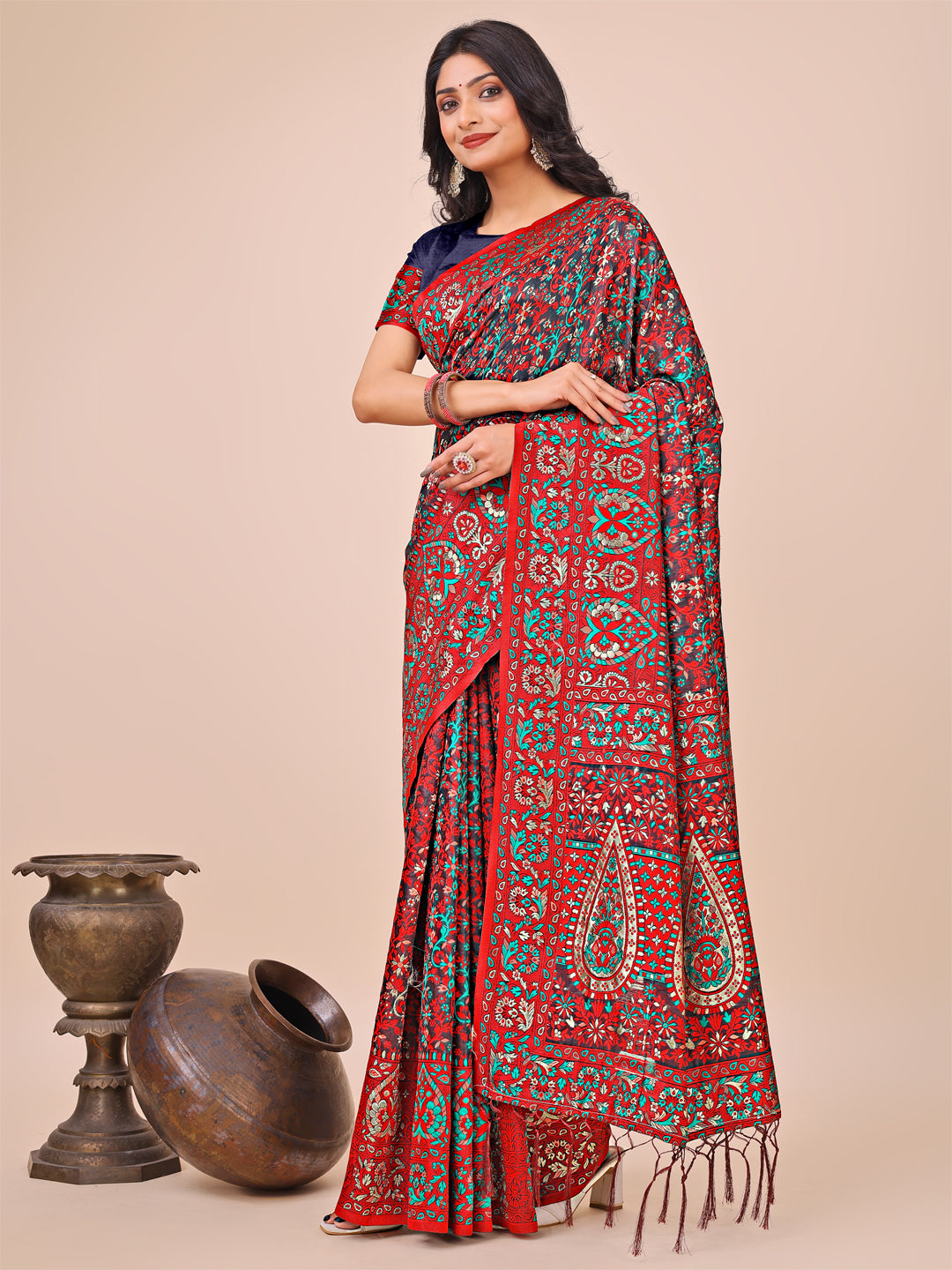 Red Colour Cotton Saree Printed work With Blouse Piece