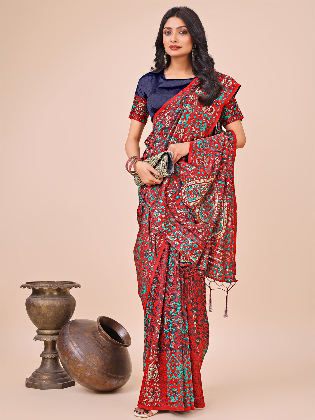 Red Colour Cotton Saree Printed work With Blouse Piece