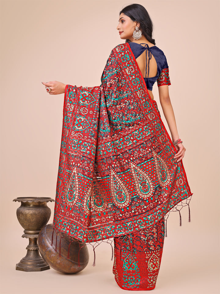 Red Colour Cotton Saree Printed work With Blouse Piece