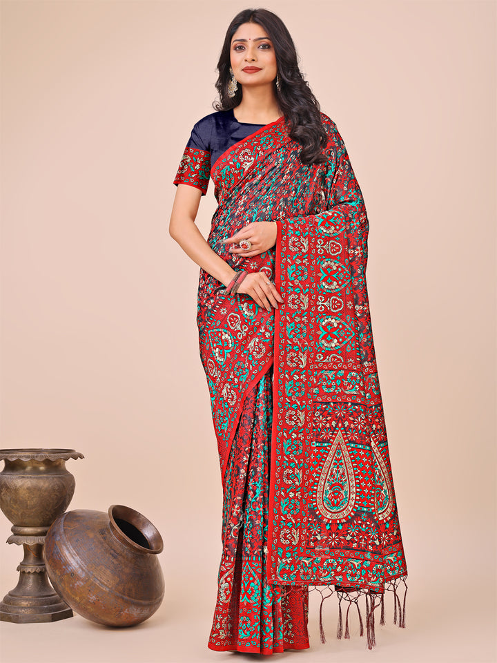 Red Colour Cotton Saree Printed work With Blouse Piece