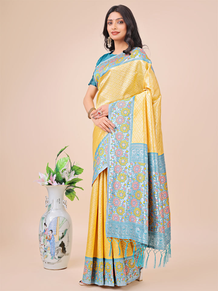 Yellow Colour Lichi Silk Saree Weaving work With Blouse Piece