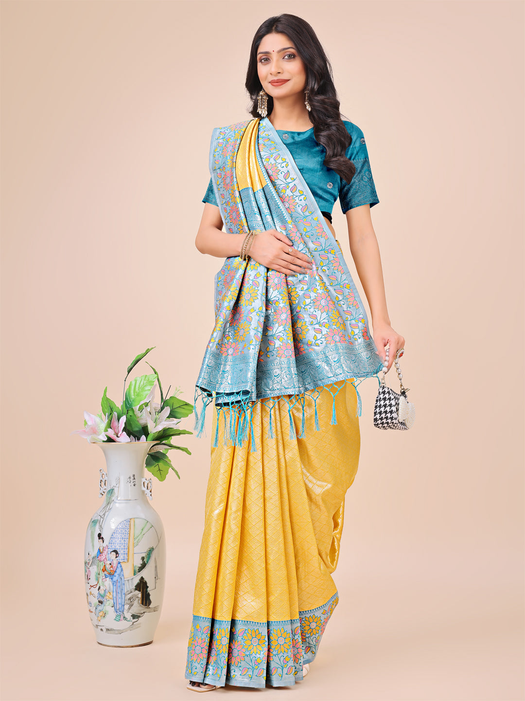 Yellow Colour Lichi Silk Saree Weaving work With Blouse Piece