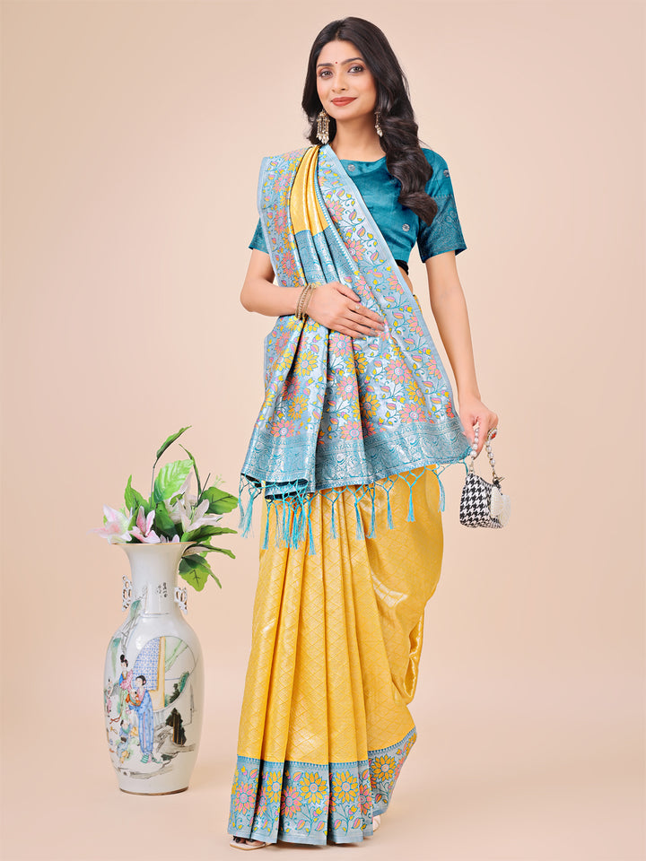 Yellow Colour Lichi Silk Saree Weaving work With Blouse Piece