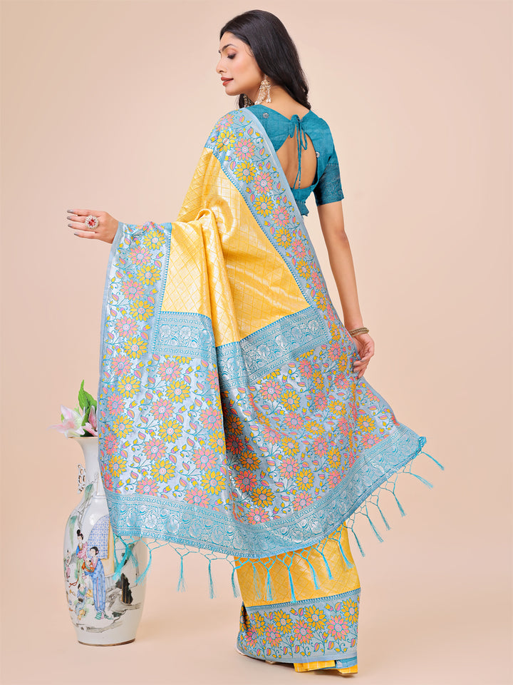 Yellow Colour Lichi Silk Saree Weaving work With Blouse Piece