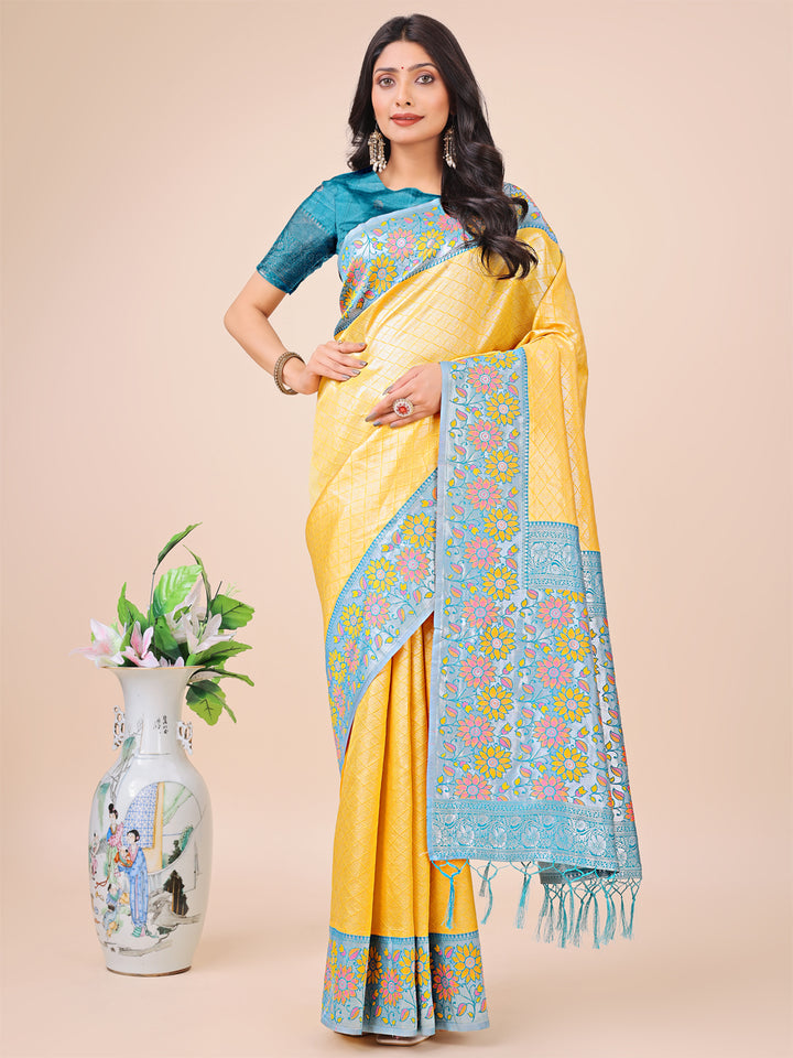 Yellow Colour Lichi Silk Saree Weaving work With Blouse Piece