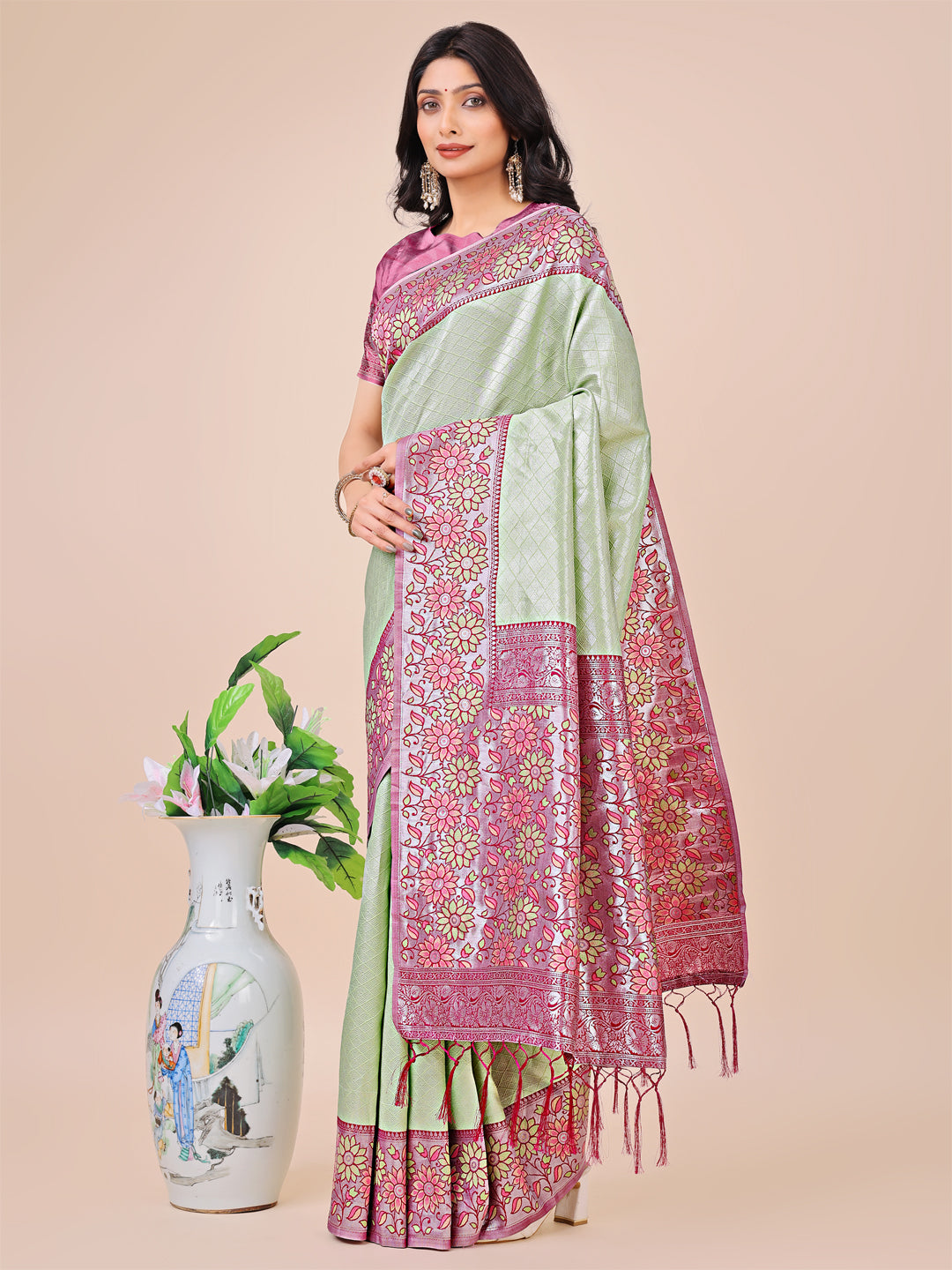 Olive Green Colour Lichi Silk Saree Weaving work With Blouse Piece