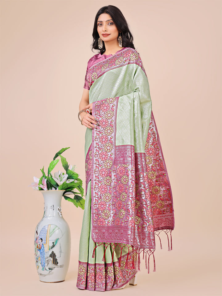 Olive Green Colour Lichi Silk Saree Weaving work With Blouse Piece