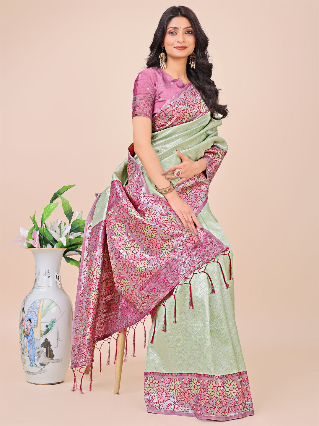 Olive Green Colour Lichi Silk Saree Weaving work With Blouse Piece