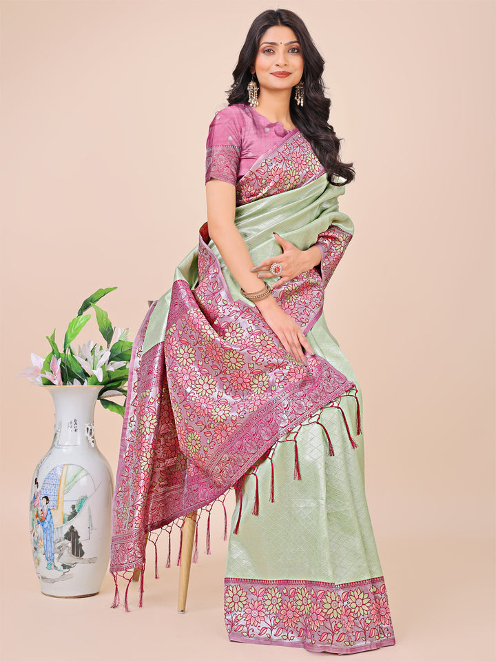 Olive Green Colour Lichi Silk Saree Weaving work With Blouse Piece