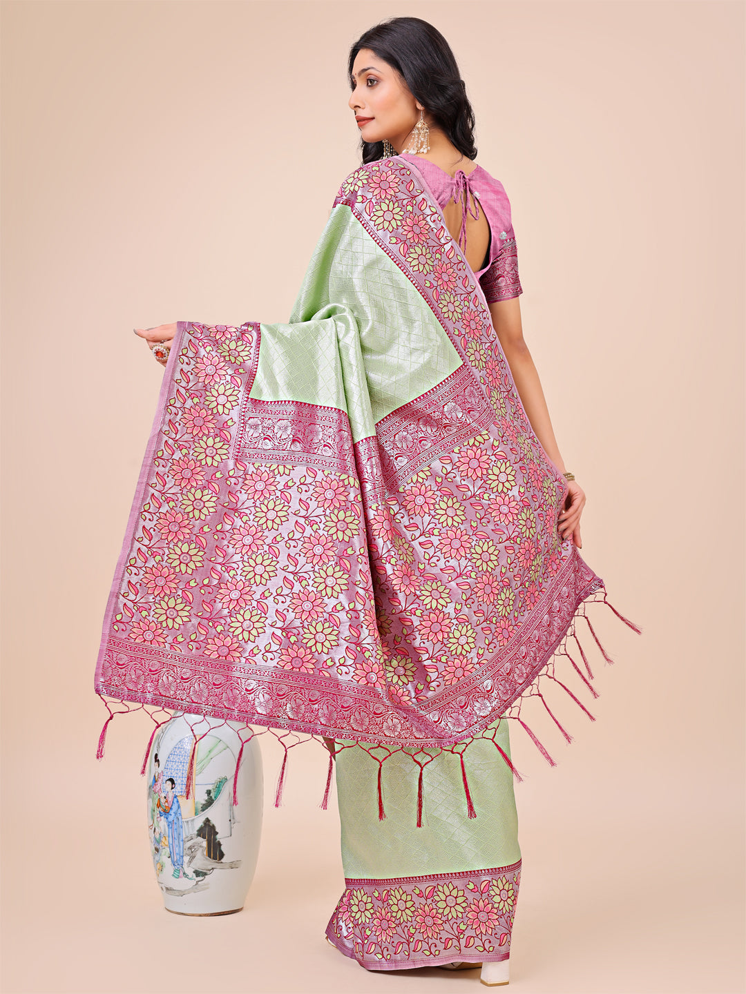 Olive Green Colour Lichi Silk Saree Weaving work With Blouse Piece