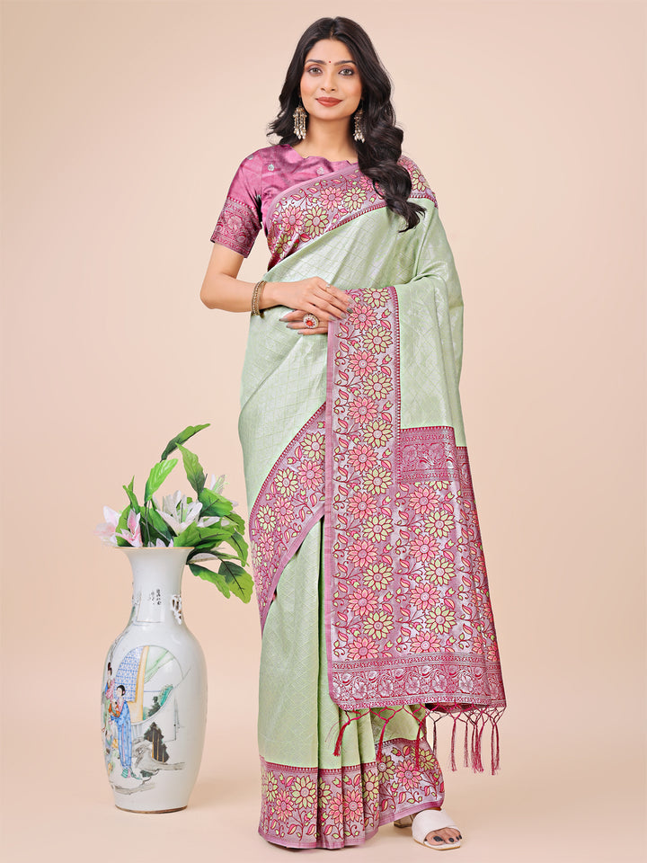 Olive Green Colour Lichi Silk Saree Weaving work With Blouse Piece