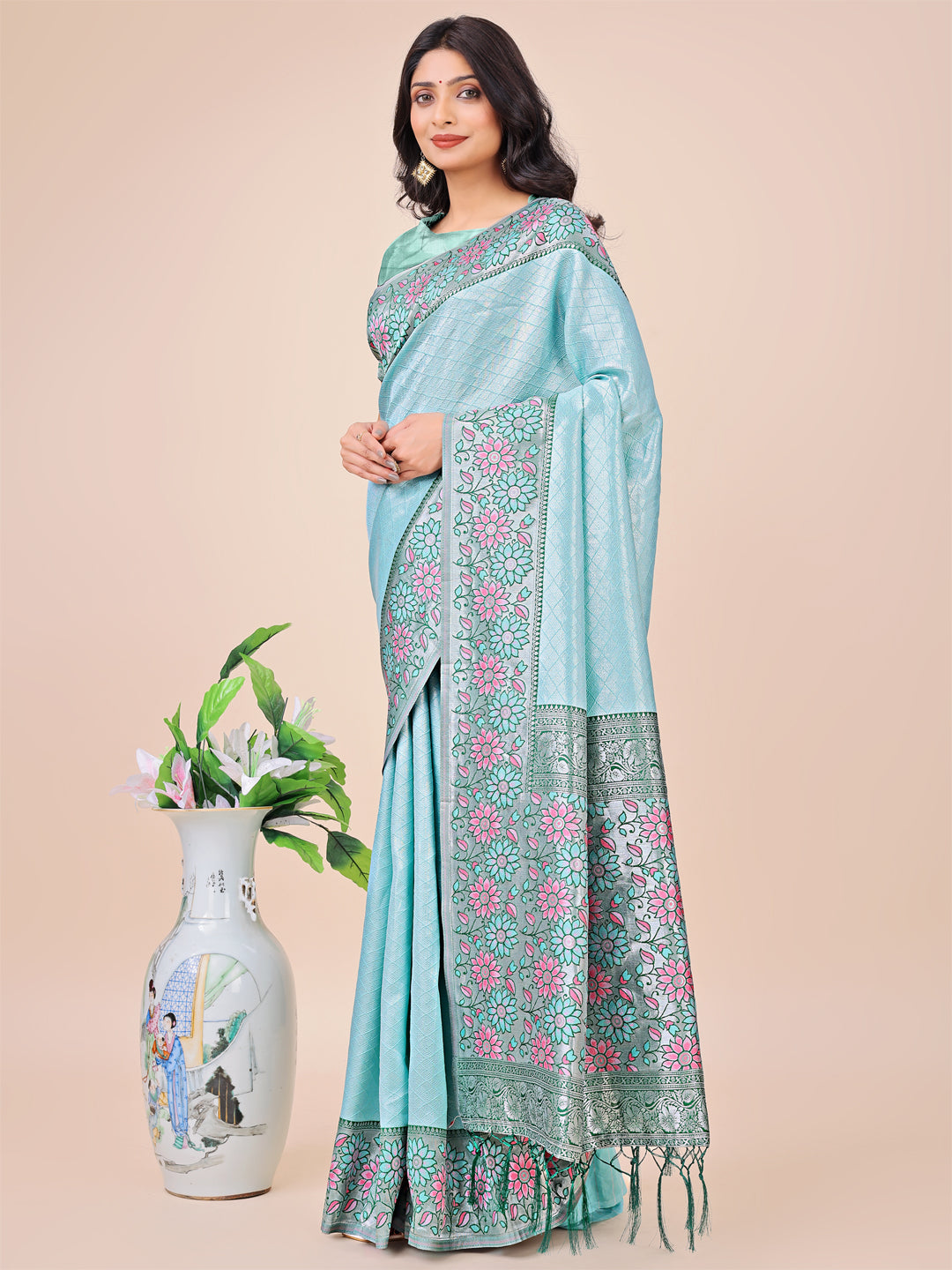 Teal Colour Lichi Silk Saree Weaving work With Blouse Piece