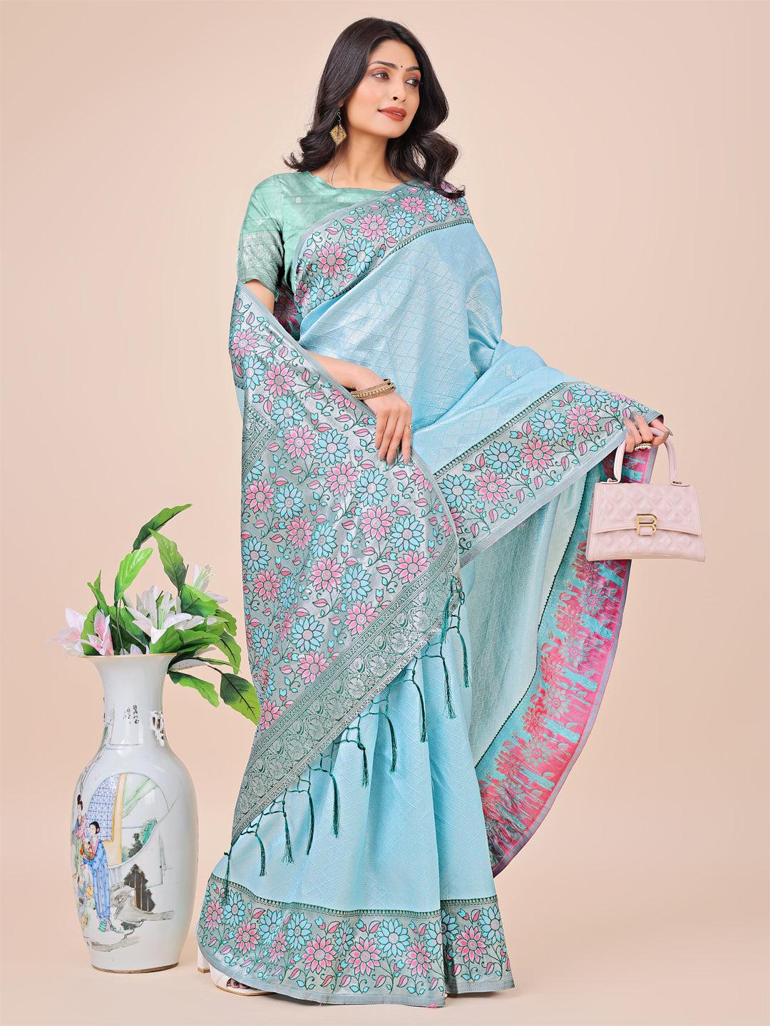 Teal Colour Lichi Silk Saree Weaving work With Blouse Piece