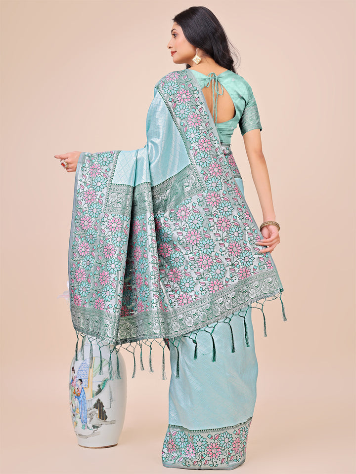 Teal Colour Lichi Silk Saree Weaving work With Blouse Piece