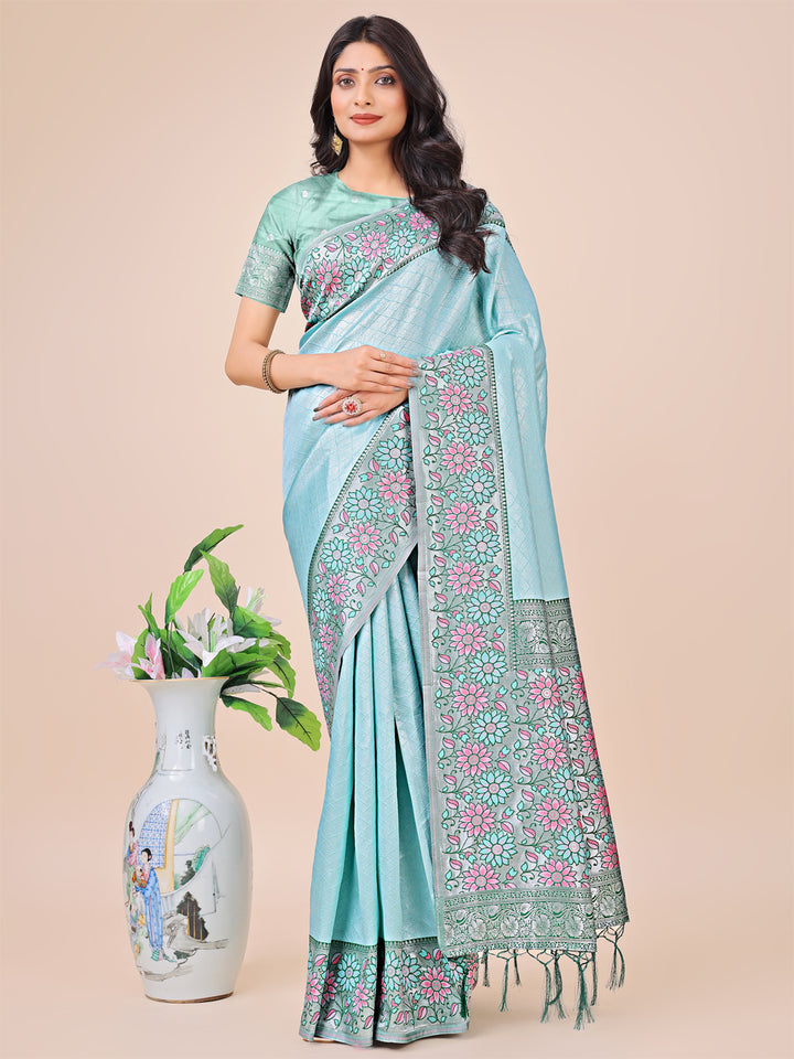 Teal Colour Lichi Silk Saree Weaving work With Blouse Piece