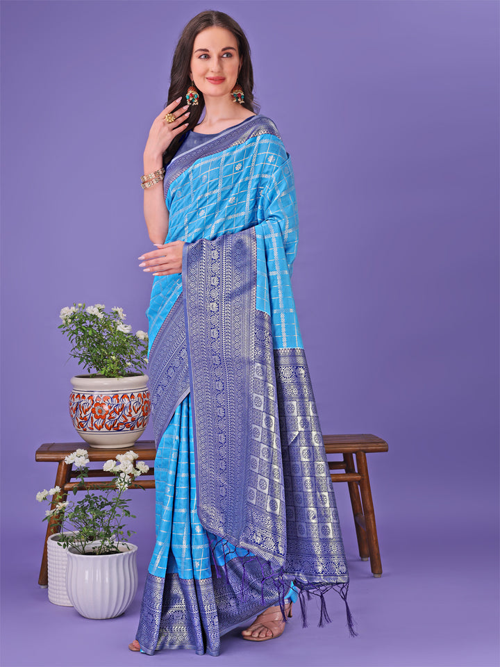 Sky Blue Colour Lichi Silk Saree Weaving Work With Blouse Piece
