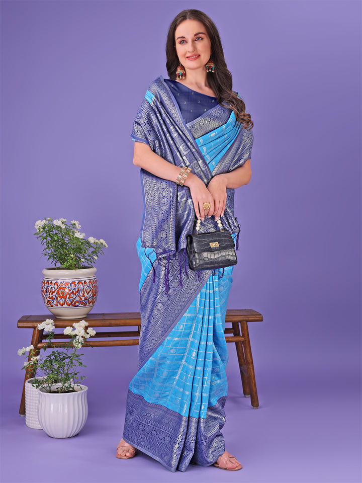 Sky Blue Colour Lichi Silk Saree Weaving Work With Blouse Piece