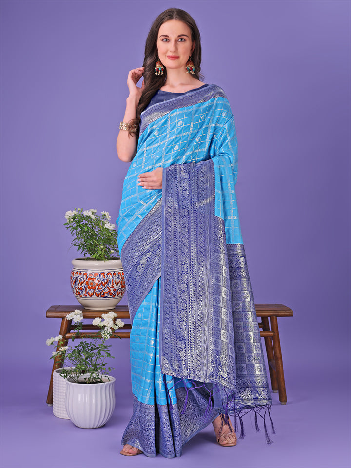 Sky Blue Colour Lichi Silk Saree Weaving Work With Blouse Piece