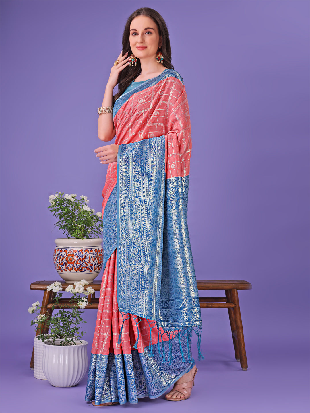 Peach Colour Lichi Silk Saree Weaving Work With Blouse Piece