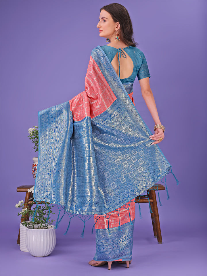 Peach Colour Lichi Silk Saree Weaving Work With Blouse Piece