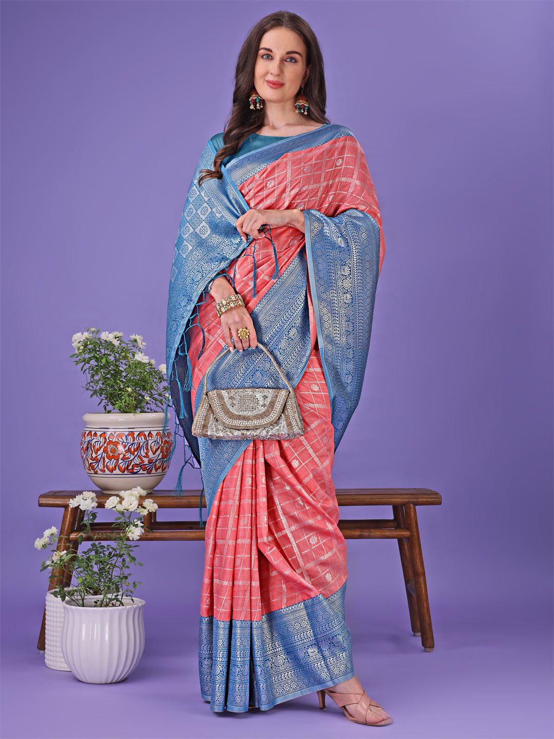 Peach Colour Lichi Silk Saree Weaving Work With Blouse Piece
