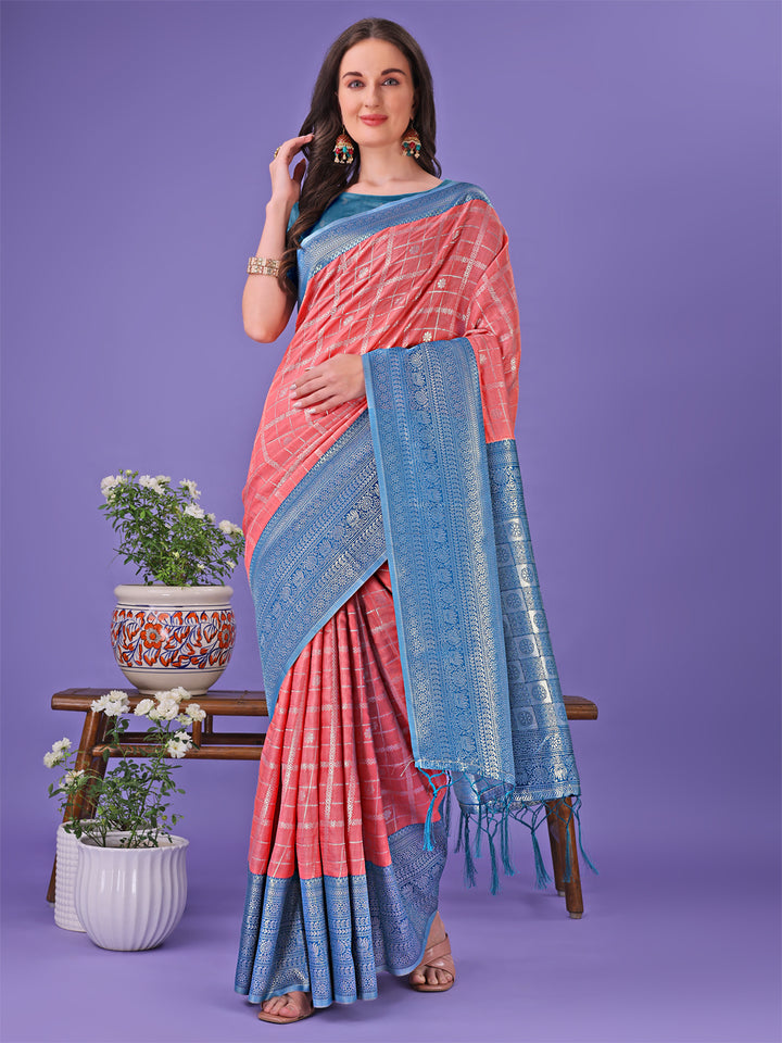 Peach Colour Lichi Silk Saree Weaving Work With Blouse Piece