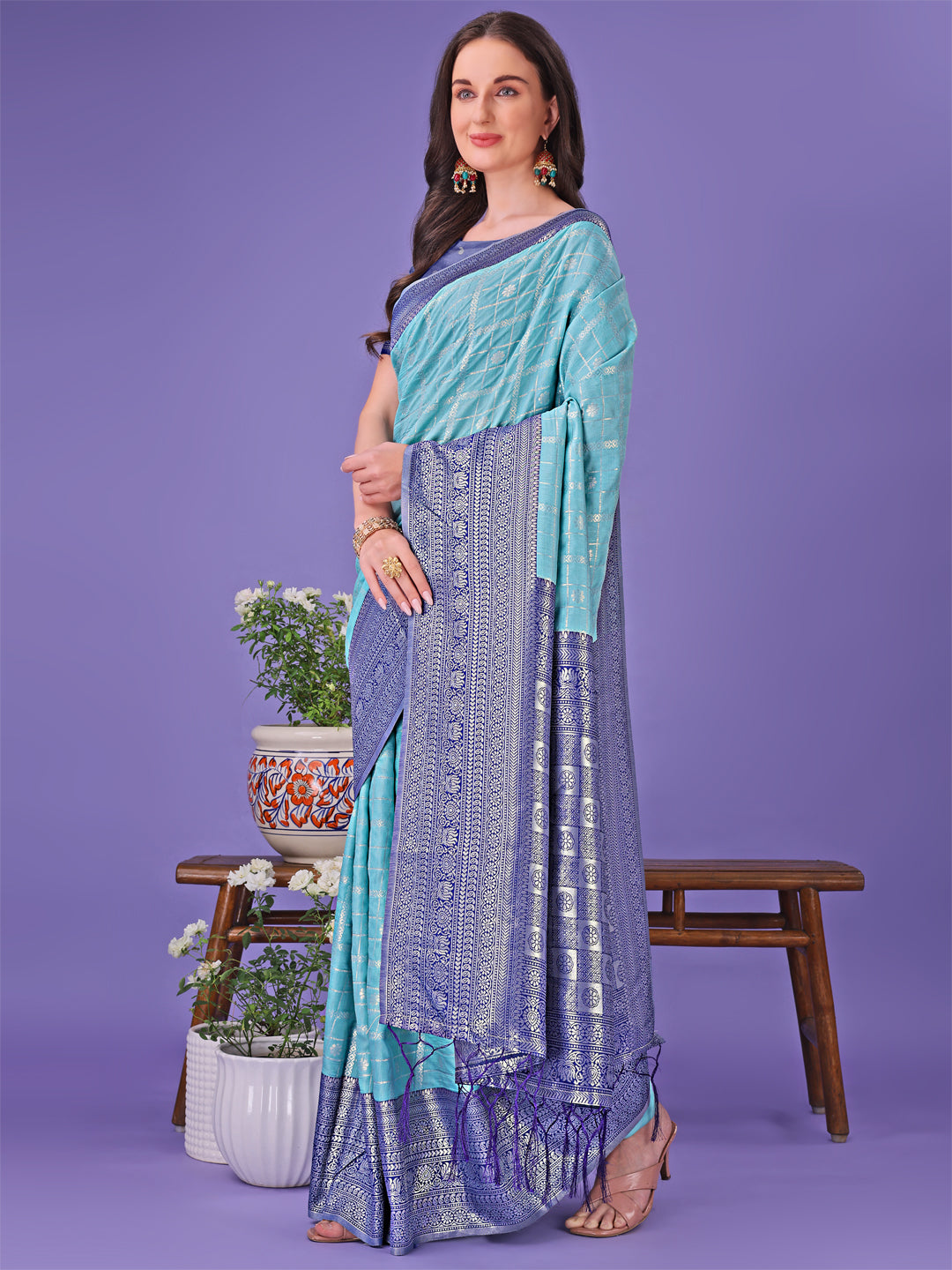 Sea Green Colour Lichi Silk Saree Weaving Work With Blouse Piece