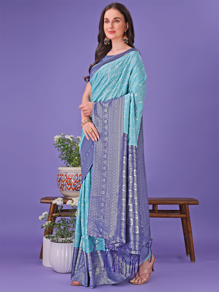 Sea Green Colour Lichi Silk Saree Weaving Work With Blouse Piece