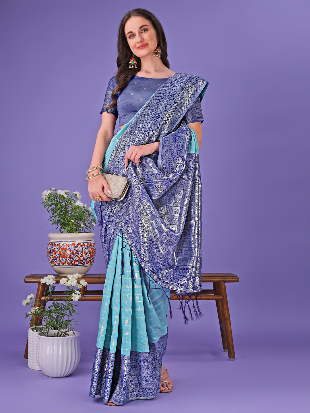 Sea Green Colour Lichi Silk Saree Weaving Work With Blouse Piece