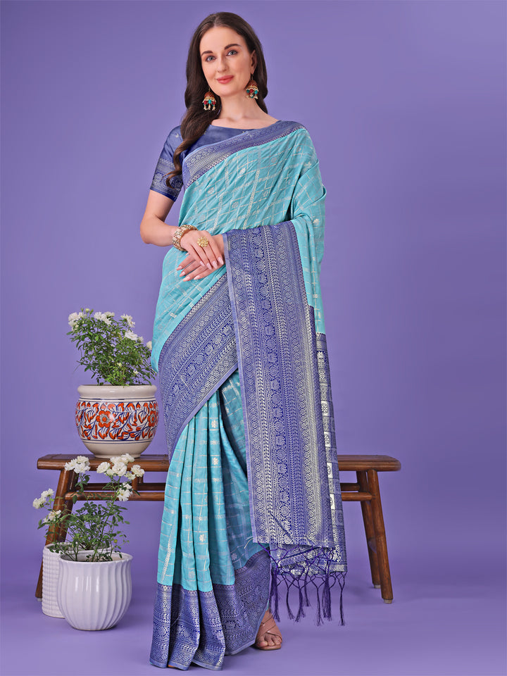 Sea Green Colour Lichi Silk Saree Weaving Work With Blouse Piece