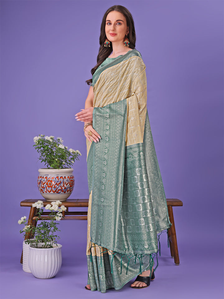 Cream Colour Lichi Silk Saree Weaving Work With Blouse Piece