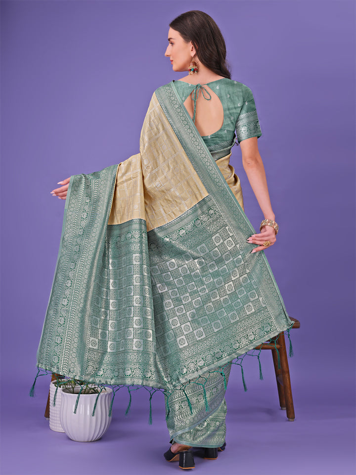 Cream Colour Lichi Silk Saree Weaving Work With Blouse Piece
