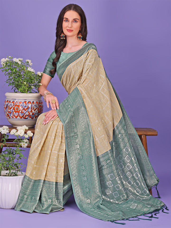 Cream Colour Lichi Silk Saree Weaving Work With Blouse Piece