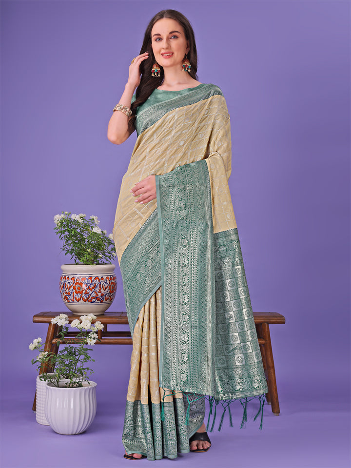 Cream Colour Lichi Silk Saree Weaving Work With Blouse Piece