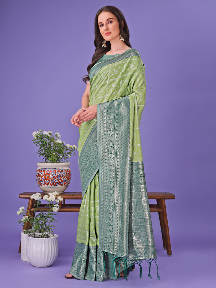 Light Green Colour Lichi Silk Saree Weaving Work With Blouse Piece