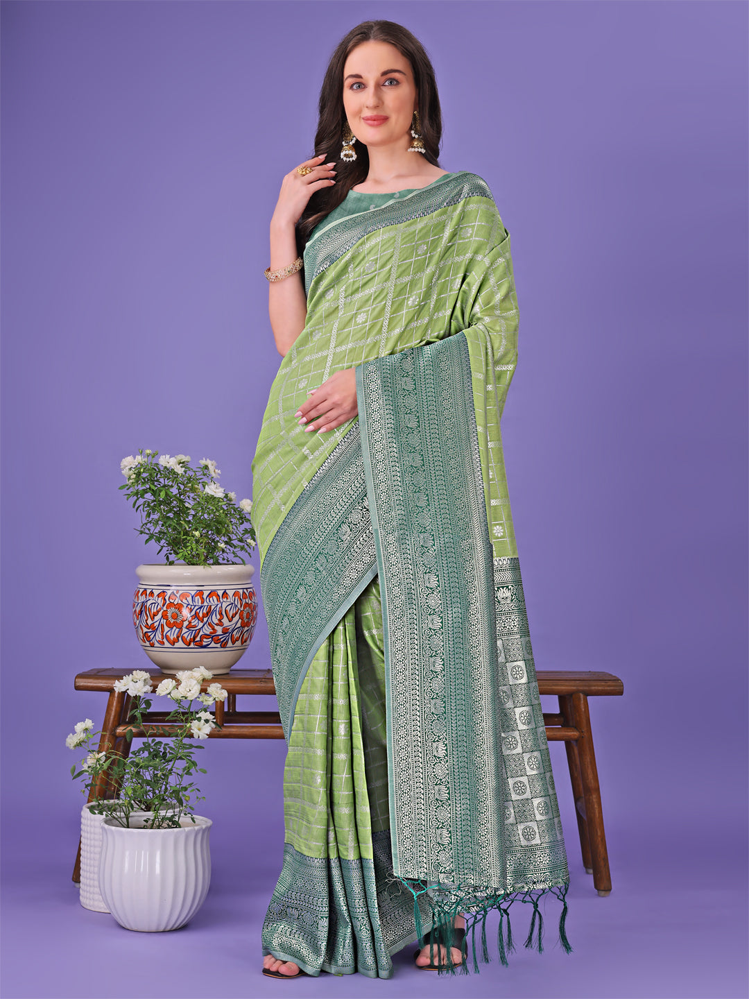 Light Green Colour Lichi Silk Saree Weaving Work With Blouse Piece